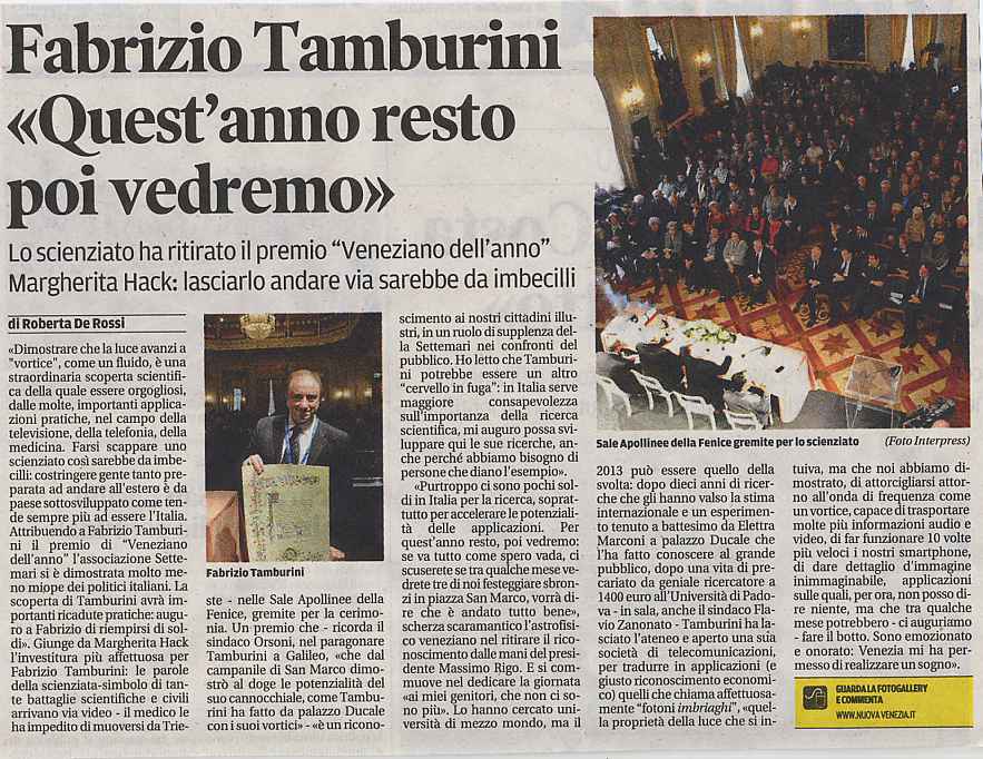 Premiazione Tamburini - Articolo de LaNuovaVE 14 gennaio 2013